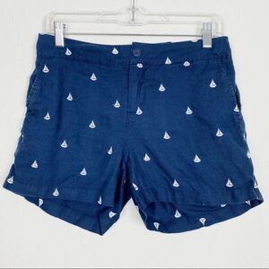 British Khaki Navy Blue Nautical Sailboat Linen Shorts